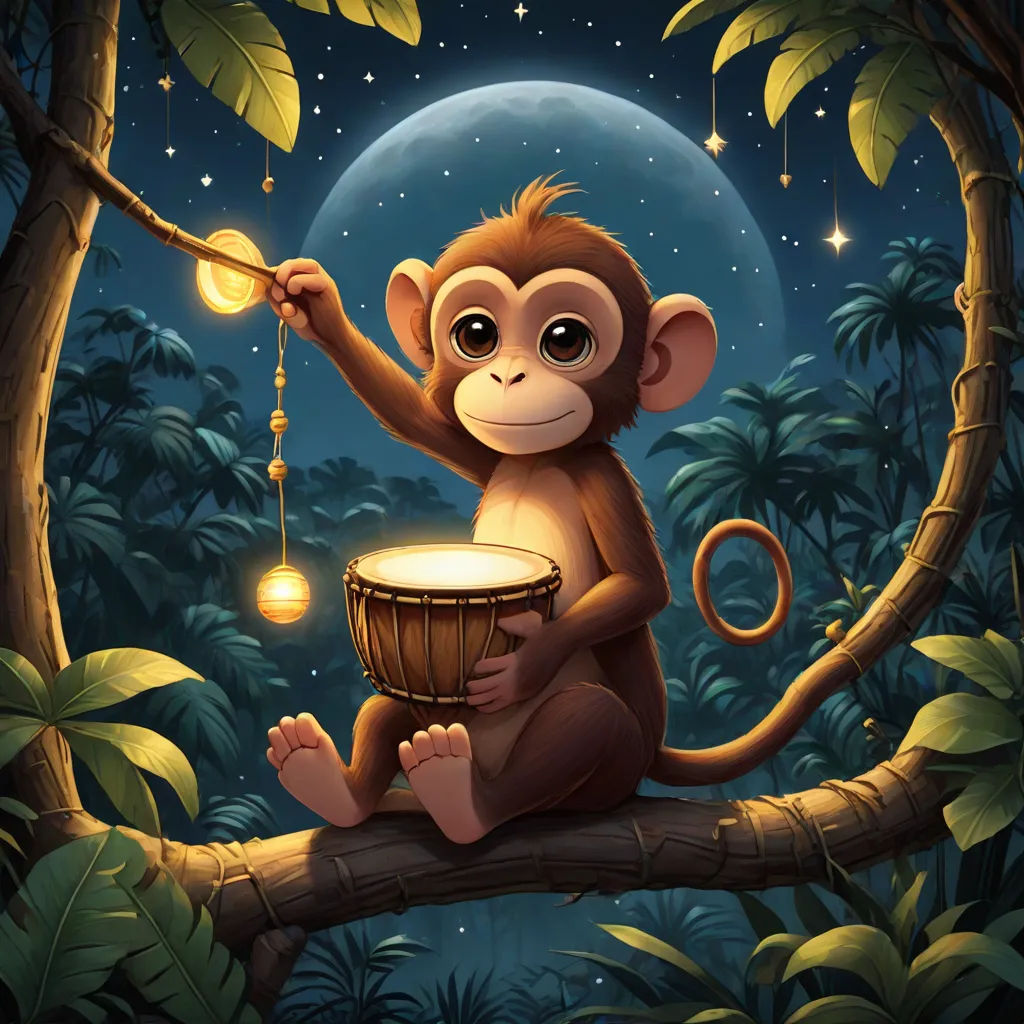 a monkey sitting on a tree branch holding a drum and a light bulb in its hand with a full moon in the background, fantasy art, a storybook illustration, Alex Petruk APe, jungle