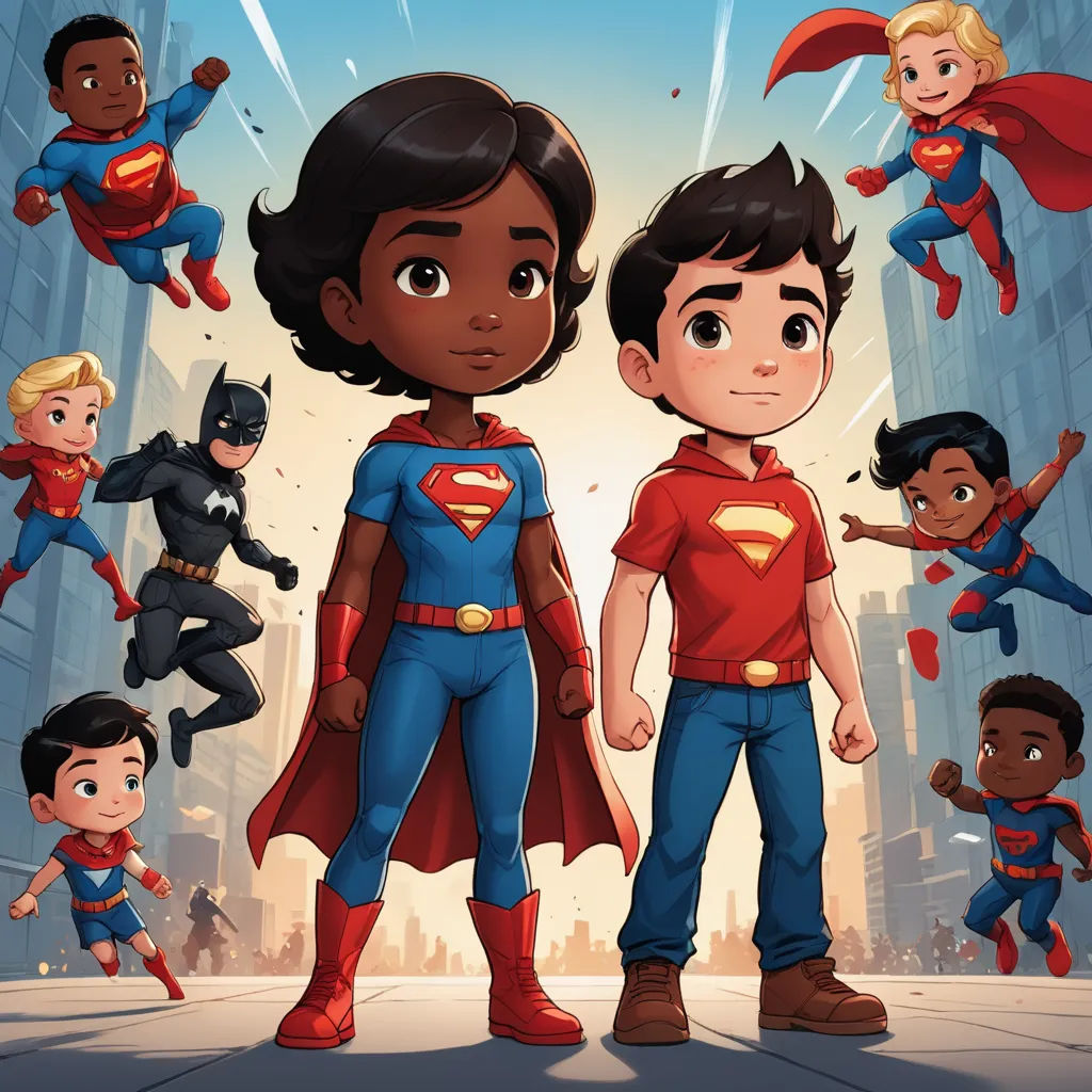 a cartoon of a boy and girl standing in front of a cityscape with supermans flying around, superflat, a poster, Everett Warner, comic cover art