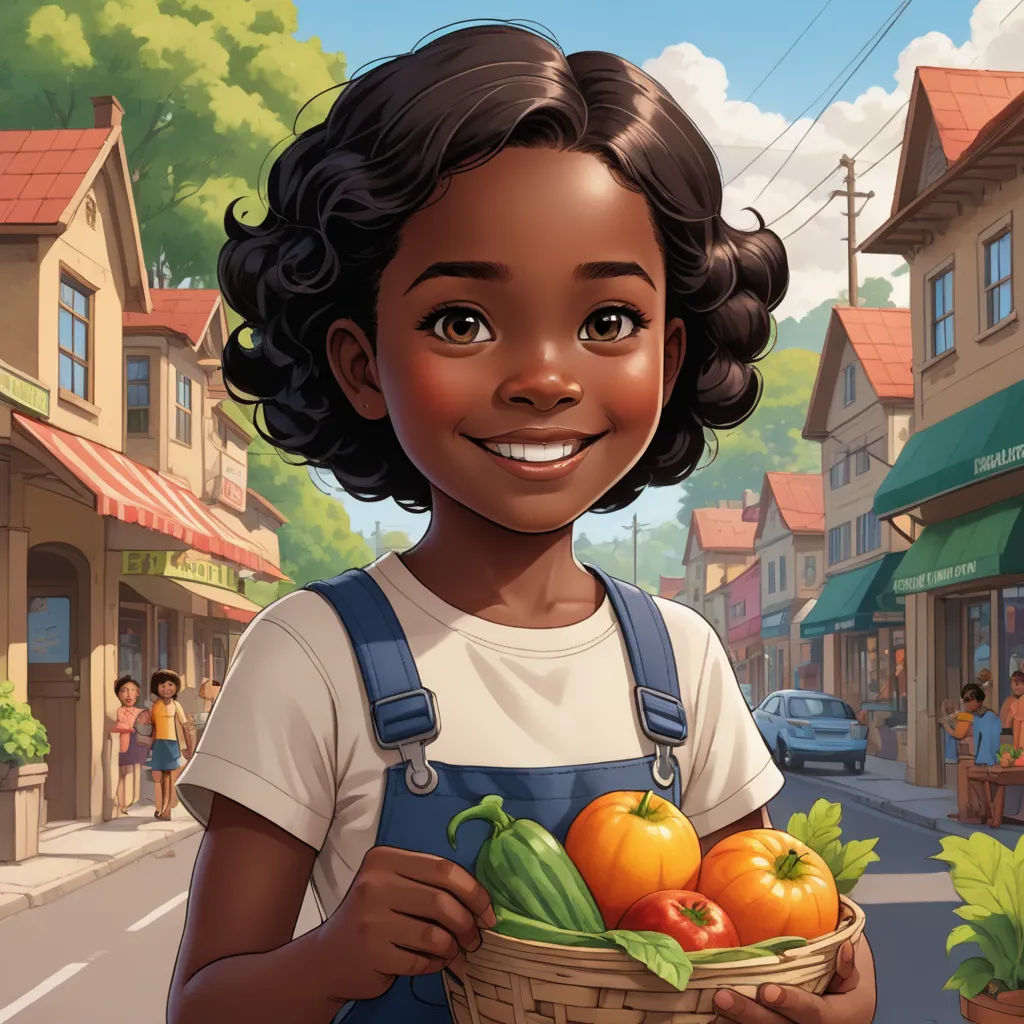 a cartoon girl holding a basket of vegetables in a street with a small town in the background and a car parked on the side of the road, american realism, a storybook illustration, Ella Guru, ultra realistic illustration