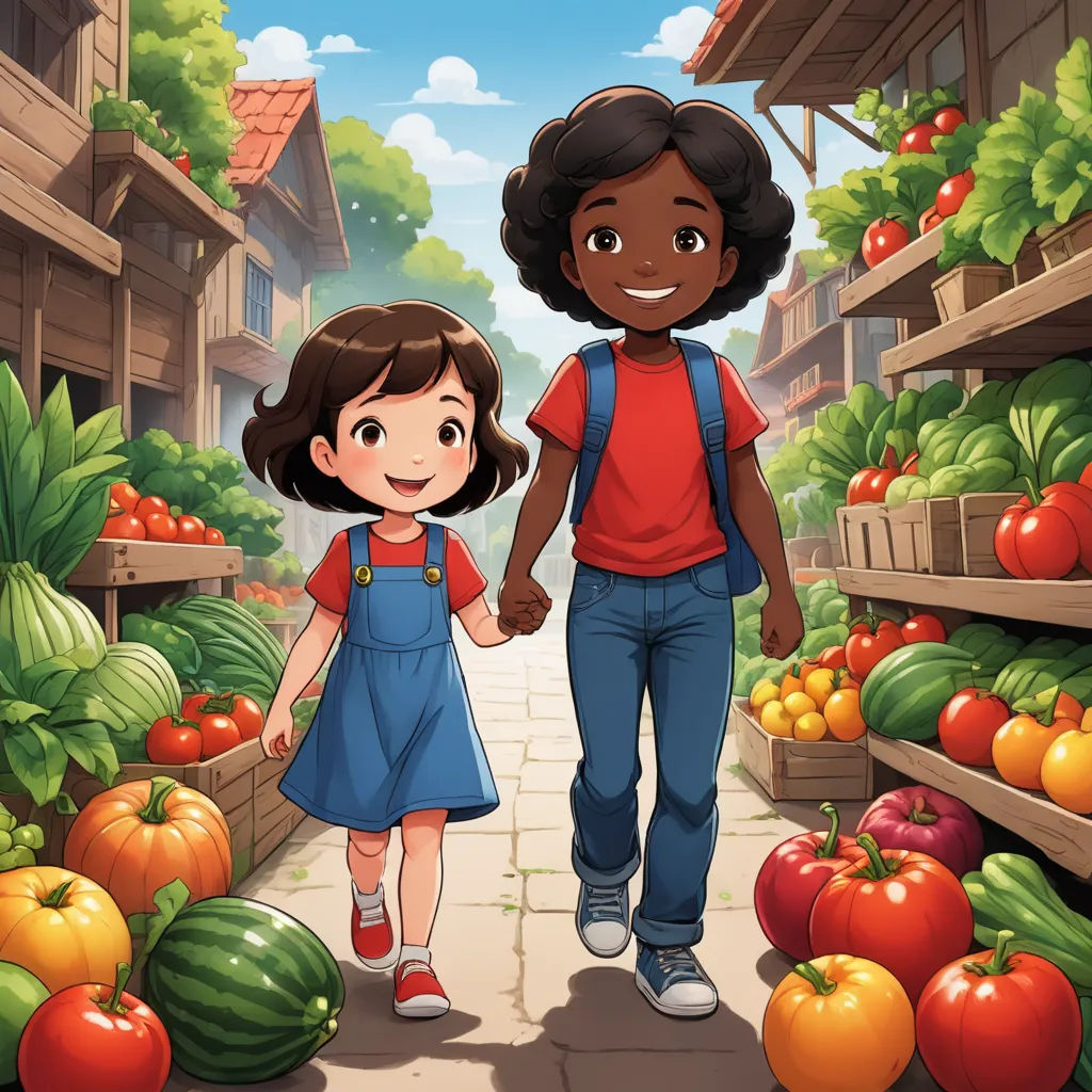 a boy and a girl walking through a market holding hands and holding hands with a bunch of vegetables in the background, lyco art, a storybook illustration, Ada Gladys Killins, official art