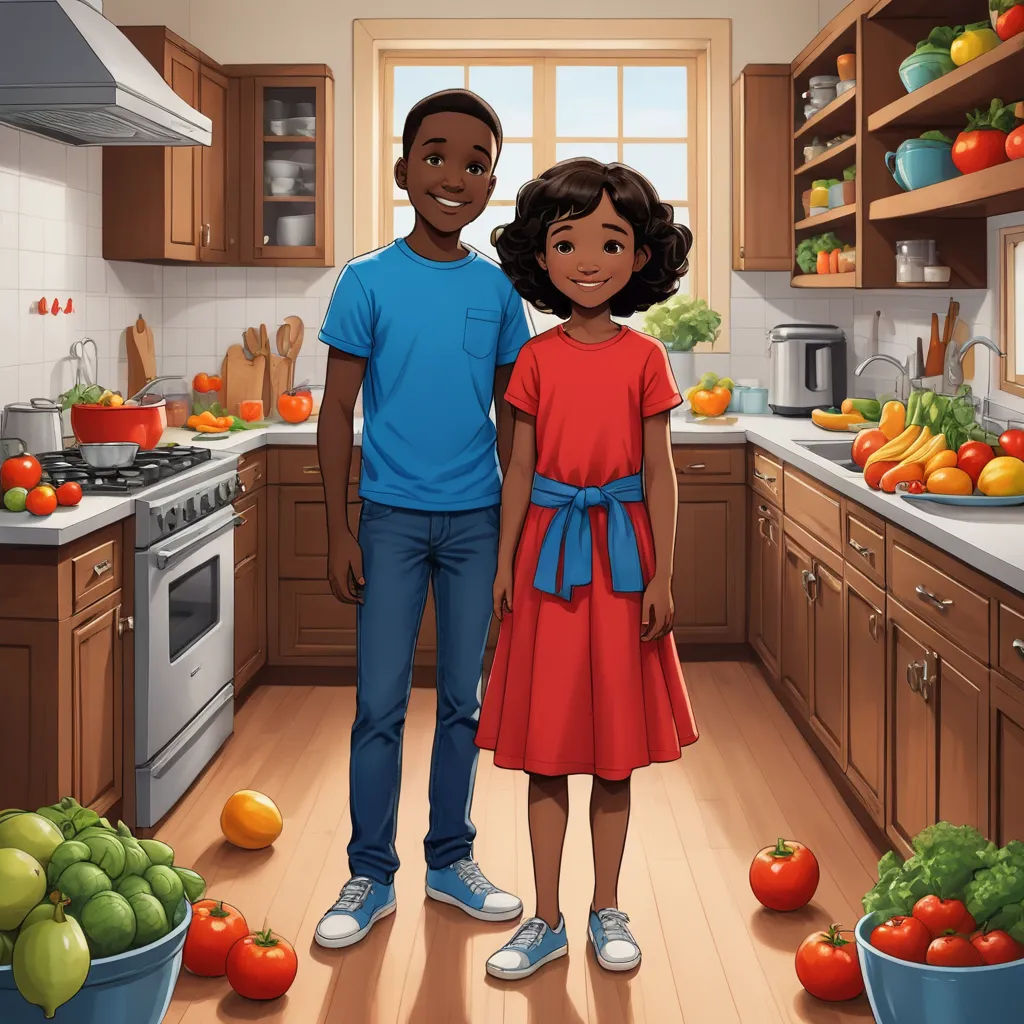 a man and a woman standing in a kitchen with a lot of vegetables and fruit on the counter top, afrofuturism, a storybook illustration, Chinwe Chukwuogo-Roy, storybook illustration