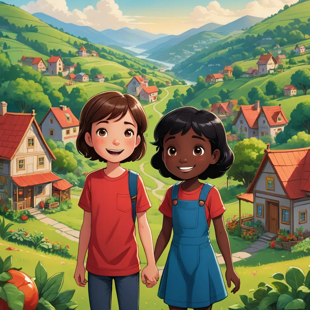 a couple of kids standing in front of a village with a mountain view behind them and a house on the hill, american scene painting, a storybook illustration, Ada Gladys Killins, promotional image