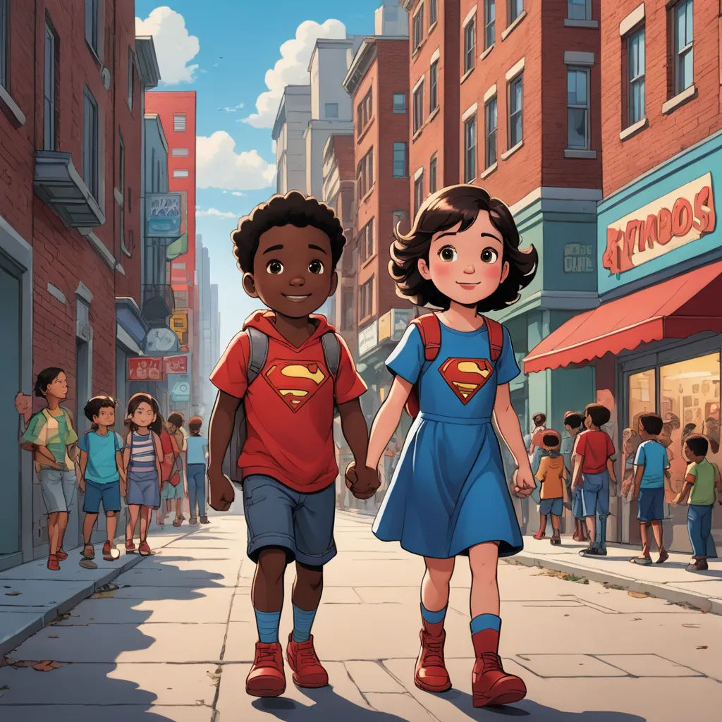 a couple of kids walking down a street holding hands and wearing superman shirts and shorts, with a city background, harlem renaissance, a comic book panel, Altichiero, comic cover art