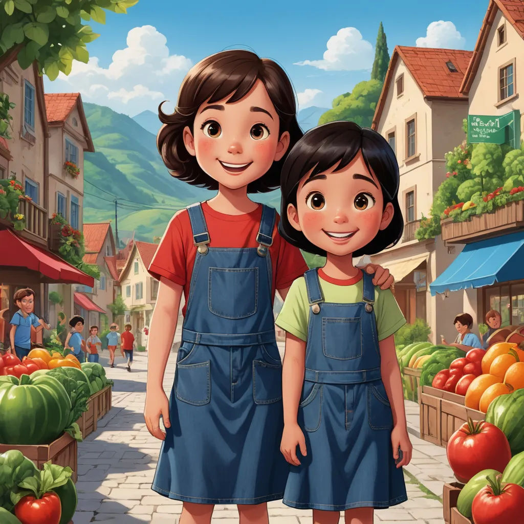 a couple of kids standing next to each other in front of a market area with lots of fruit and vegetables, synthetism, a storybook illustration, disney, official art