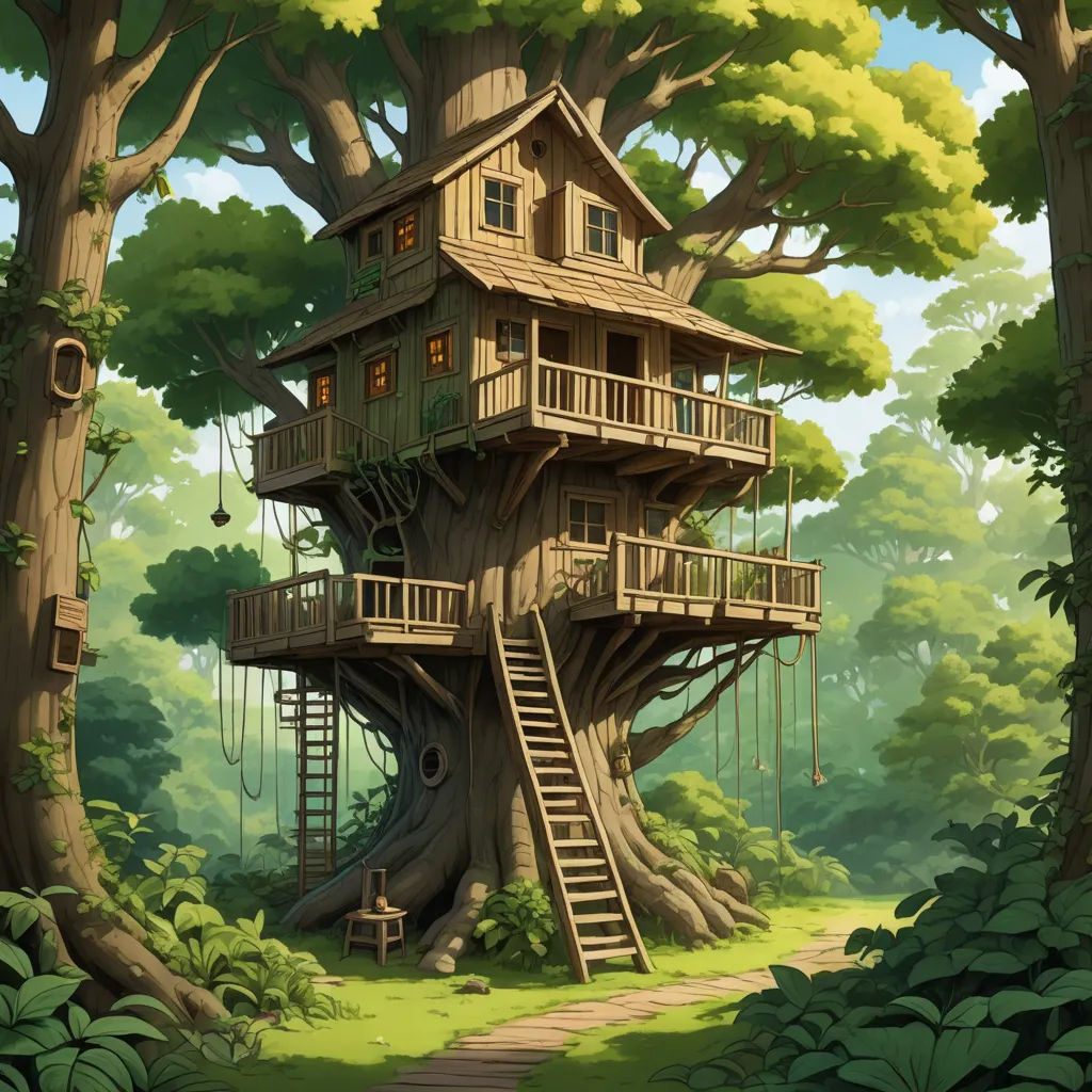 a tree house with a swing set in the middle of a forest with a path leading to it and a staircase leading to the top, fantasy art, a detailed matte painting, Chris LaBrooy, ghibli