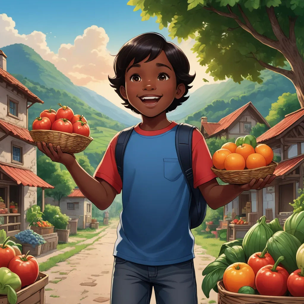 a boy holding a basket of tomatoes and a basket of oranges in front of a village street with a mountain background, magical realism, a storybook illustration, Aaron Jasinski, official art