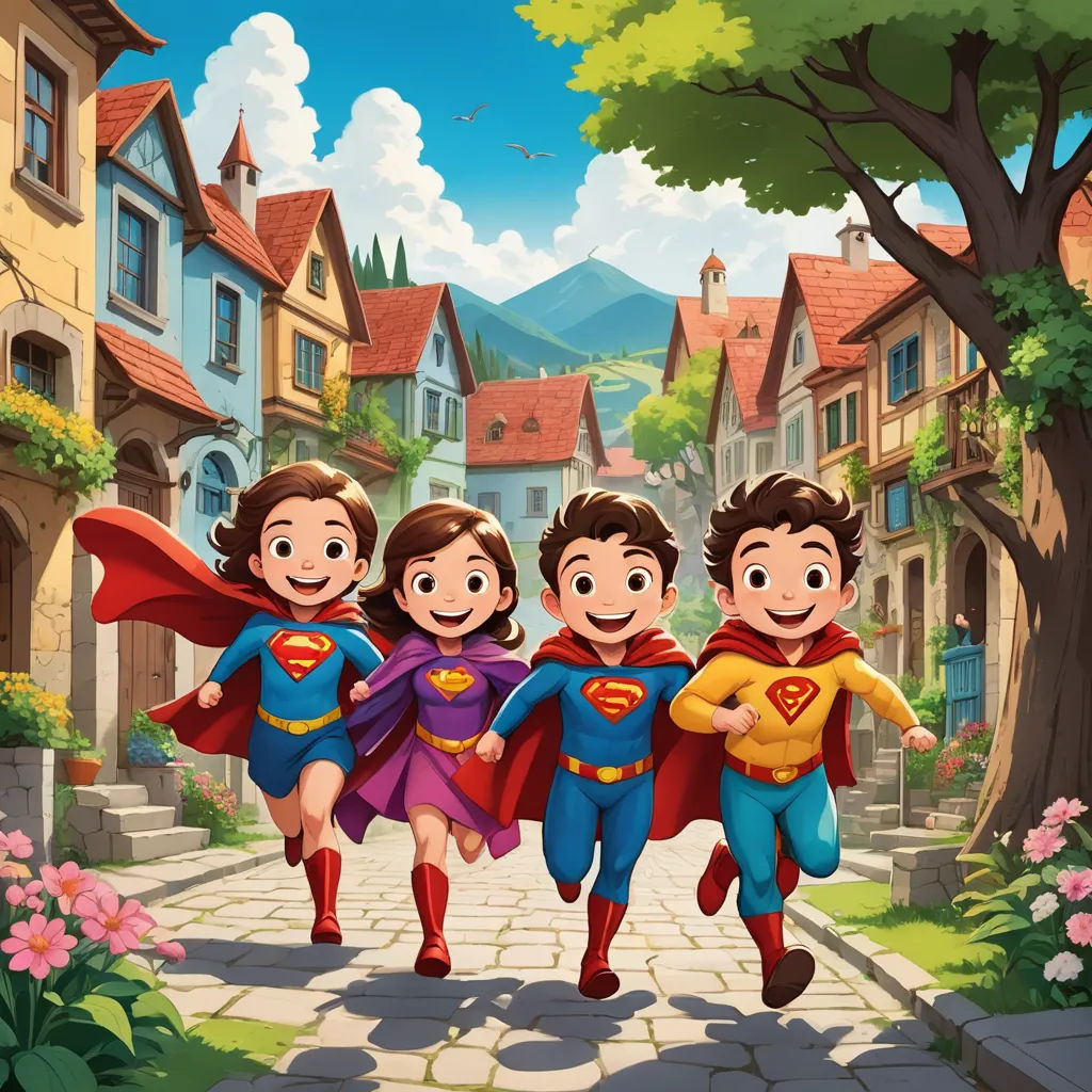 a group of kids dressed as superman running down a street in front of a house with a tree and flowers, superflat, a comic book panel, Altichiero, official art