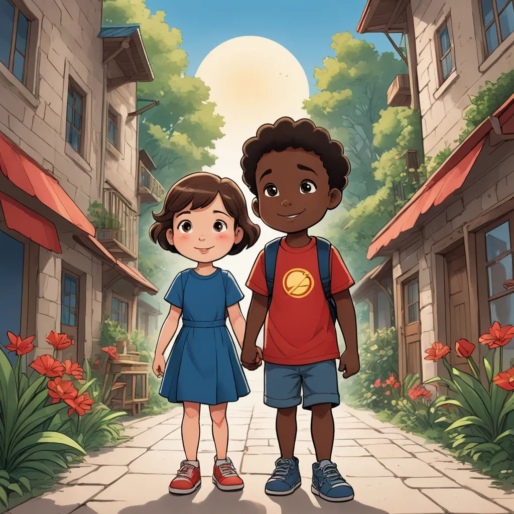 a boy and a girl are standing in a street with flowers and buildings in the background and a full moon in the sky, serial art, a storybook illustration, Felix-Kelly, official art
