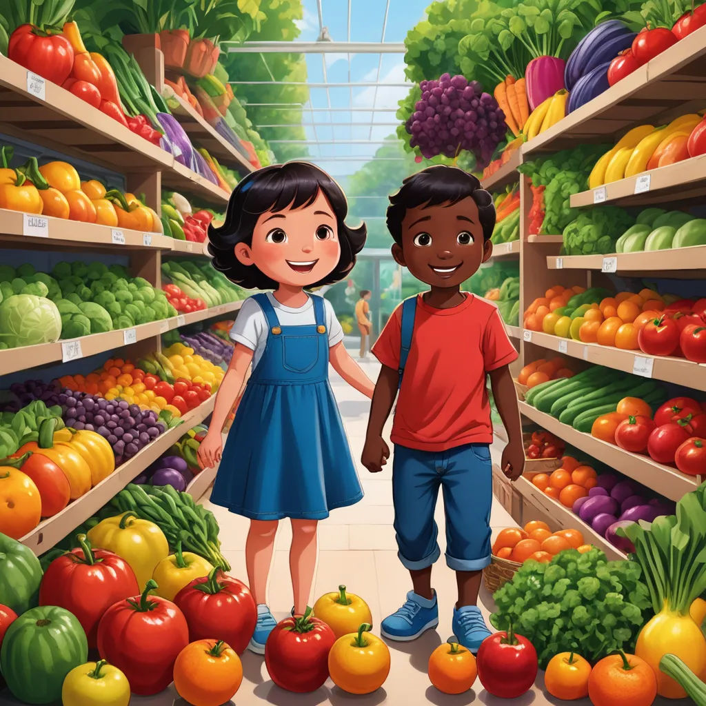 a boy and a girl are standing in a grocery store with vegetables and fruits in the shelves behind them, lyco art, a storybook illustration, Barron Storey, storybook illustration