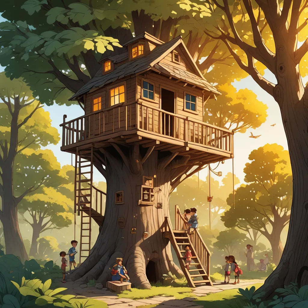a tree house with a ladder to the top of it and children climbing up the stairs to the top, fantasy art, a storybook illustration, Chris LaBrooy, rossdraws global illumination