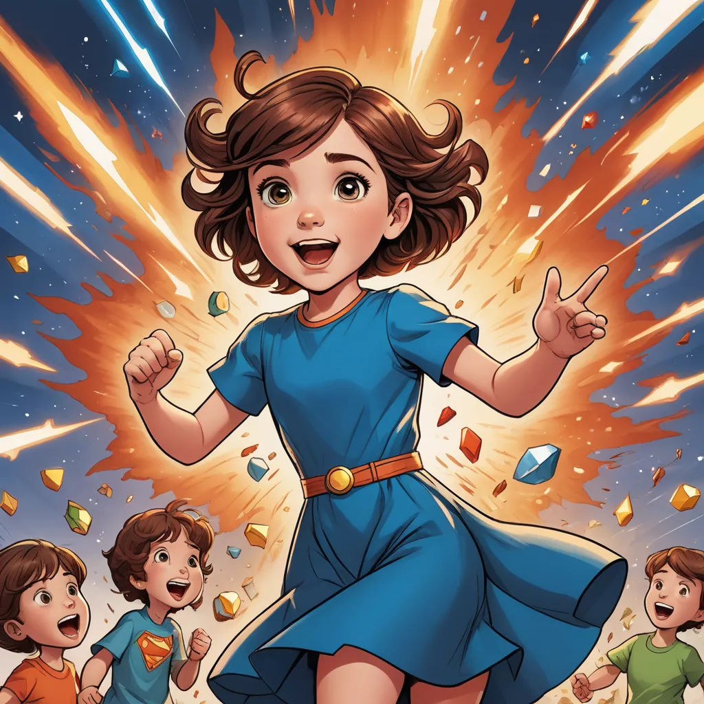 a cartoon girl in a blue dress running with her friends around her and a firework in the background, process art, a comic book panel, Cliff Childs, comic cover art