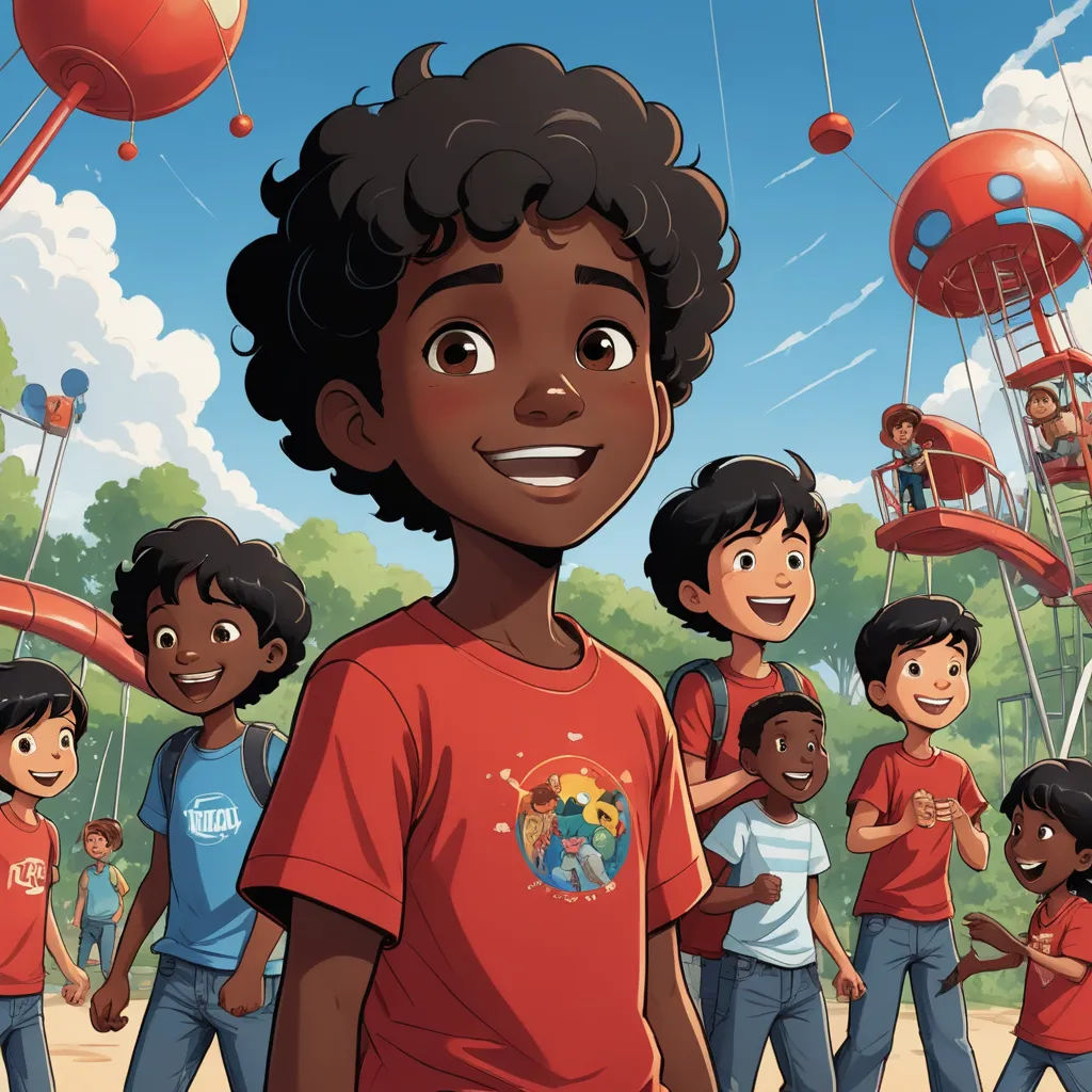 a cartoon of a boy surrounded by other children in a park with a playground in the background and a sky filled with balloons, afrofuturism, a storybook illustration, Aaron Jasinski, comic cover art