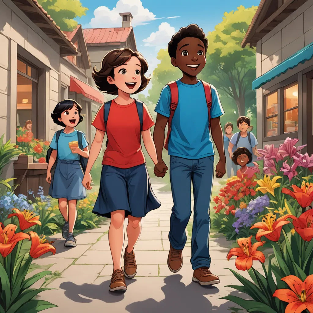 a couple of people walking down a street next to flowers and buildings with a sky background and a red flag, american scene painting, a storybook illustration, Chris LaBrooy, official art
