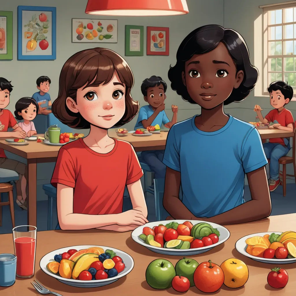 a girl and boy sitting at a table with plates of fruit and juice in front of them, with a group of children in the background, american scene painting, a storybook illustration, Bourgeois, storybook illustration