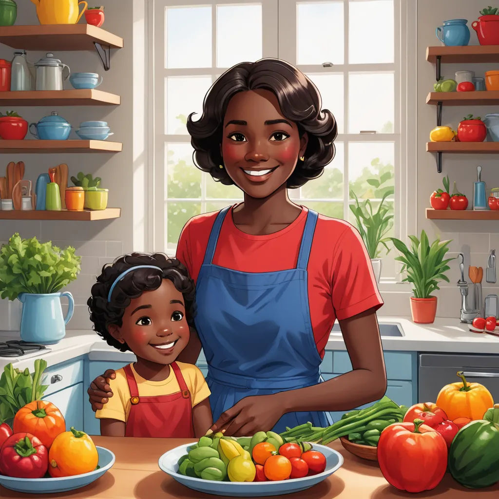 a woman and a child are in the kitchen together, surrounded by vegetables and fruit, and a window, afrofuturism, a storybook illustration, Chinwe Chukwuogo-Roy, storybook illustration