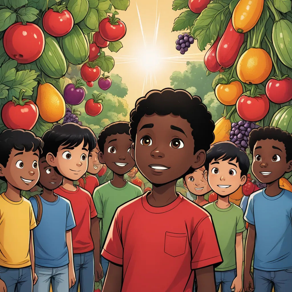 a group of children standing in front of a tree with fruit hanging from it's branches and a sun shining through the leaves, harlem renaissance, a storybook illustration, Asaf Hanuka, comic cover art