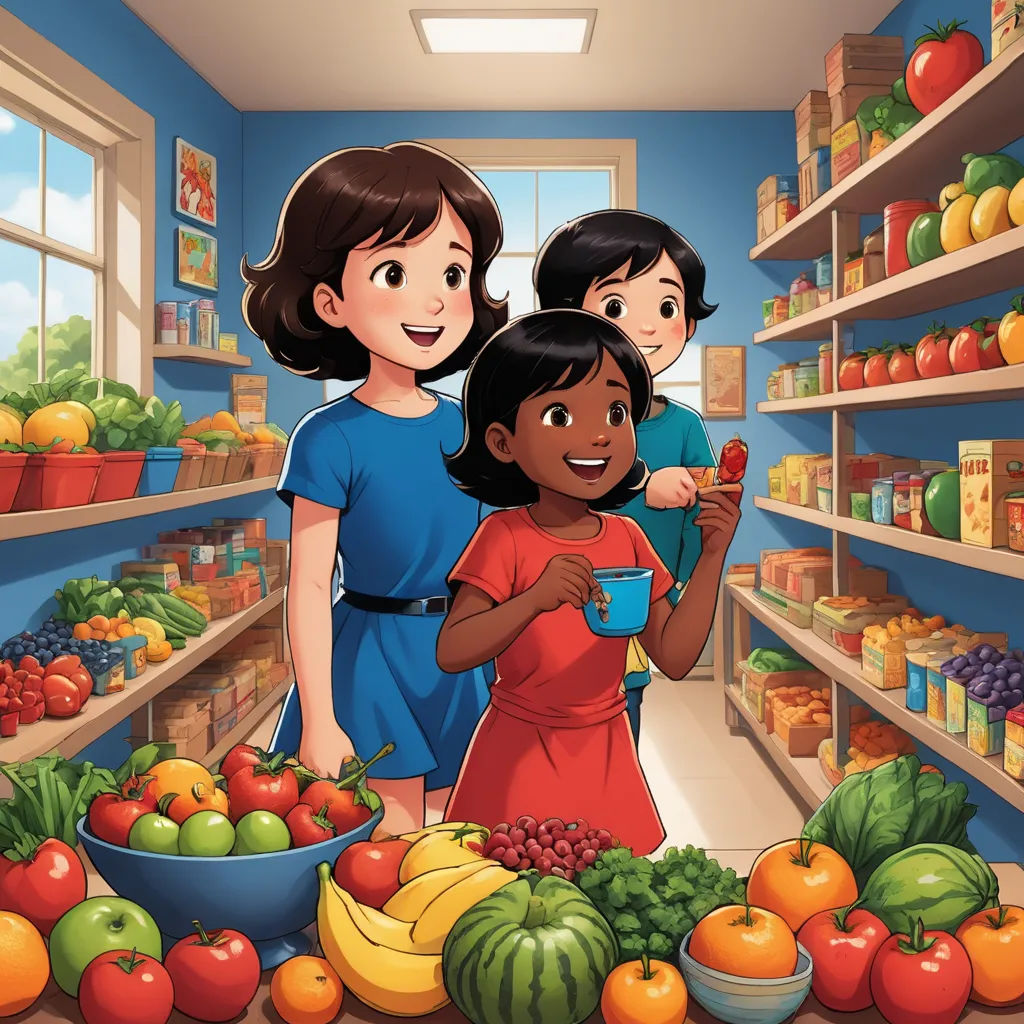 a cartoon of two girls shopping in a grocery store with fruits and vegetables on shelves behind them and a man holding a cup, socialist realism, a storybook illustration, Bourgeois, comic cover art
