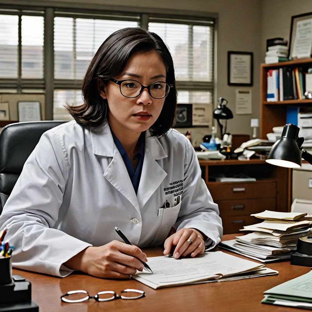 a woman in a lab coat sitting at a desk with a pen and paper in her hand and a book in her other hand, Chen Lu, neoplasticism, a character portrait, promotional image