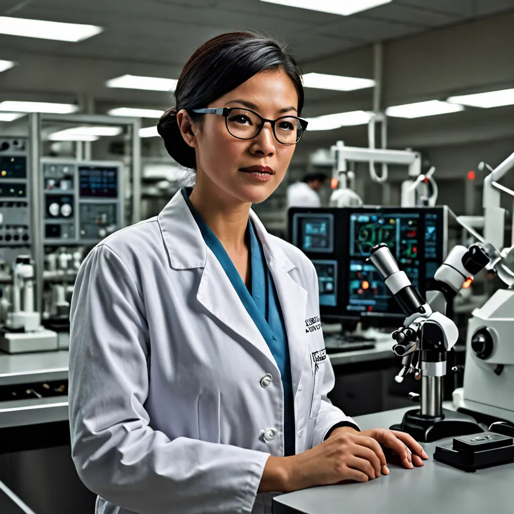 a woman in a lab coat looking at a microscope with a microscope in front of her and a microscope in the background, Ai Xuan, academic art, a stock photo, promotional image