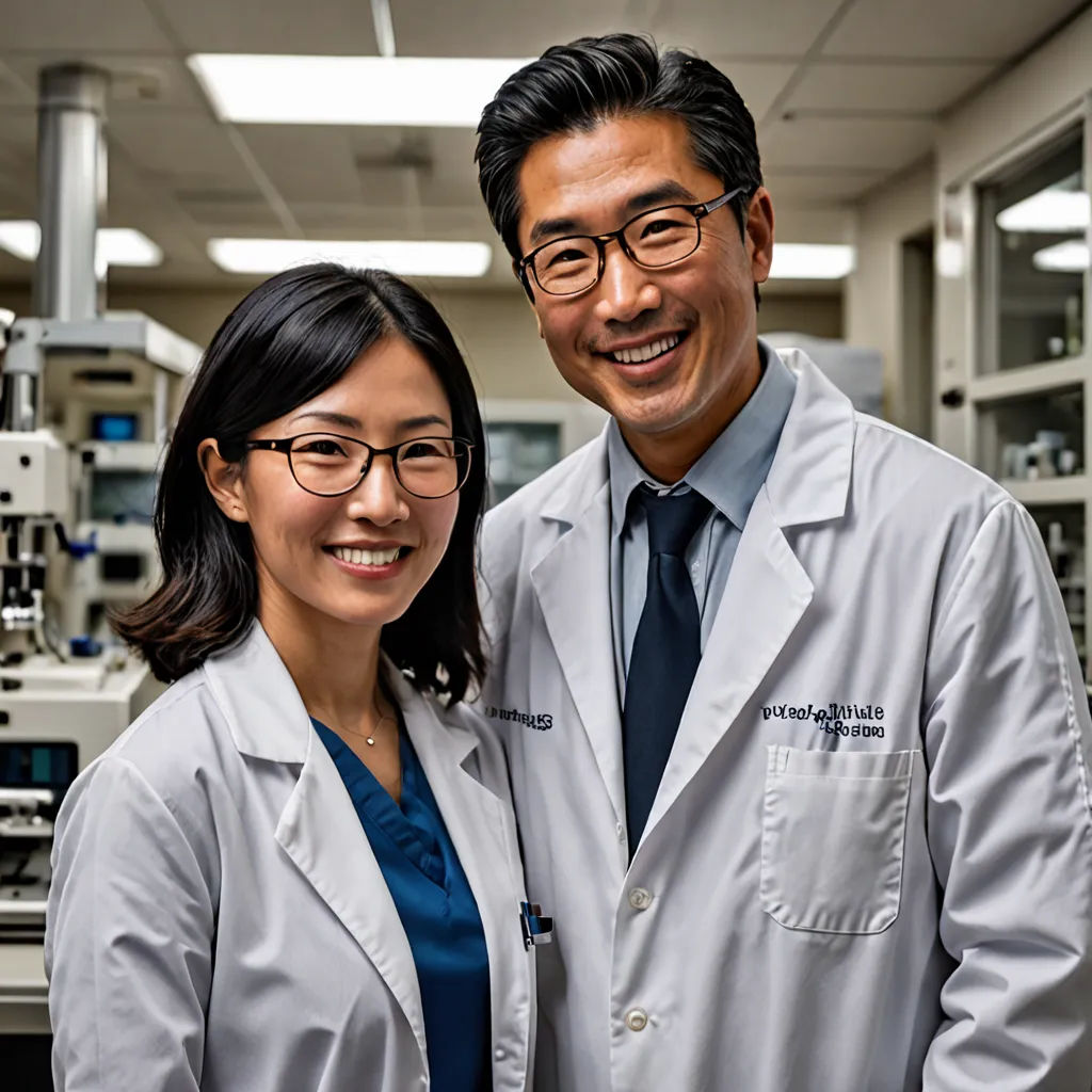 a man and woman in lab coats standing next to each other in a laboratory area with equipment in the background, David Park, neoplasticism, a stock photo, professional photo