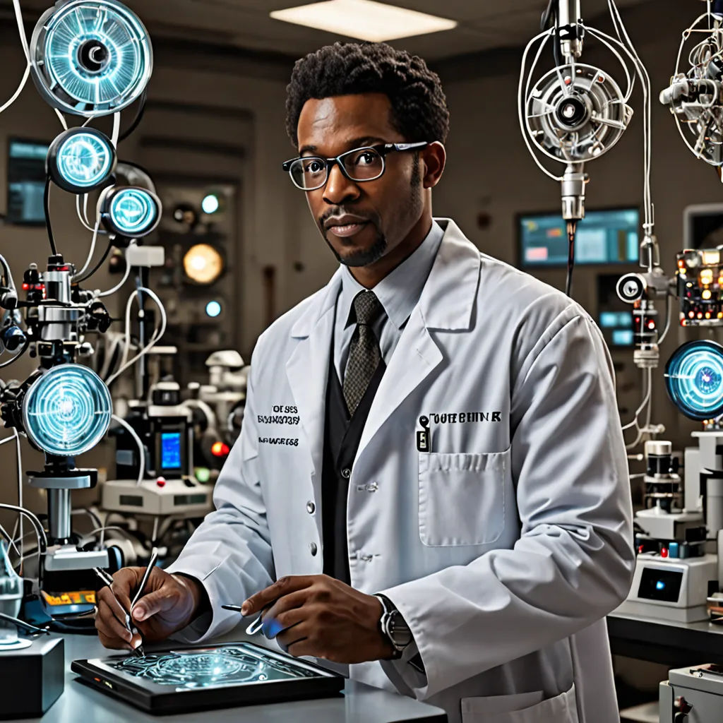 a man in a lab coat is holding a tablet and looking at the camera with a lot of lights on the ceiling, Doc Hammer, afrofuturism, a character portrait, promotional image
