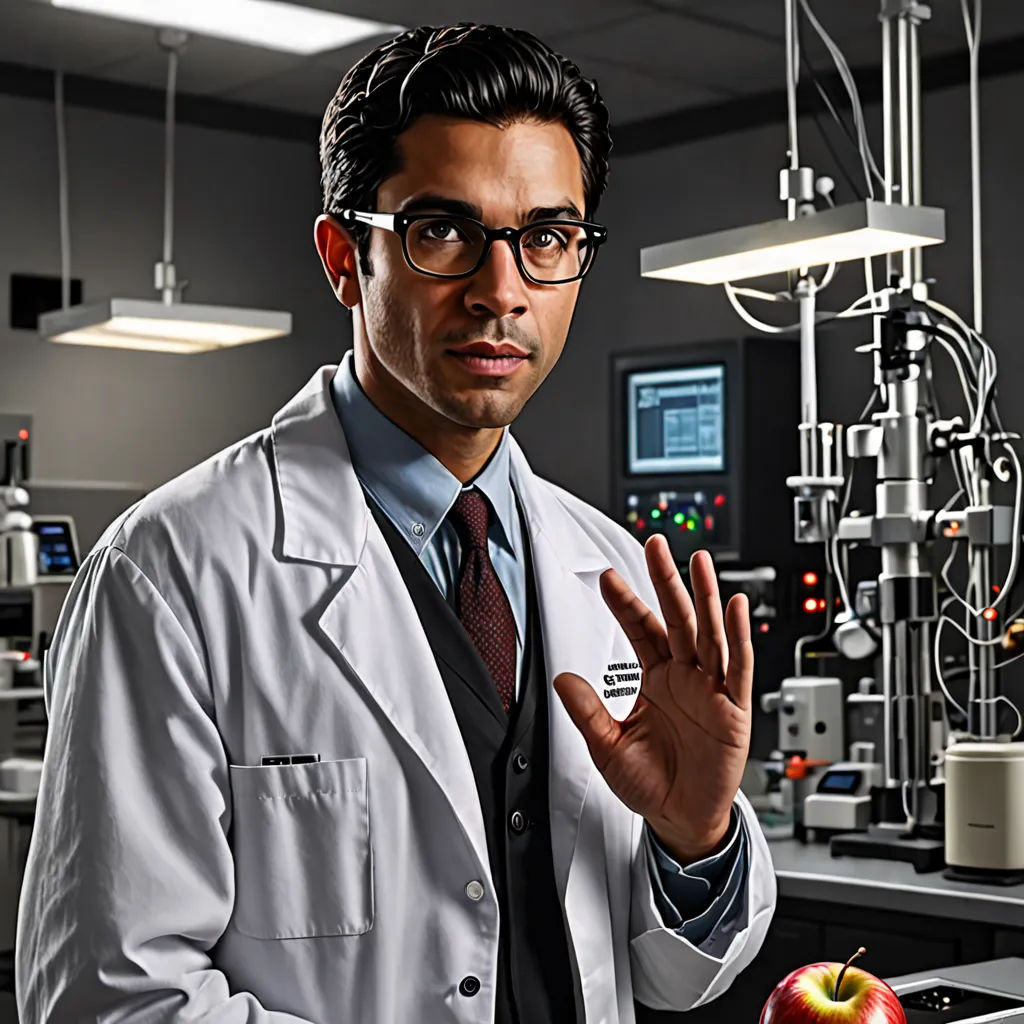 a man in a lab coat holding an apple in front of a machine with a lot of equipment in the background, Dr. Atl, naturalism, a stock photo, promotional image