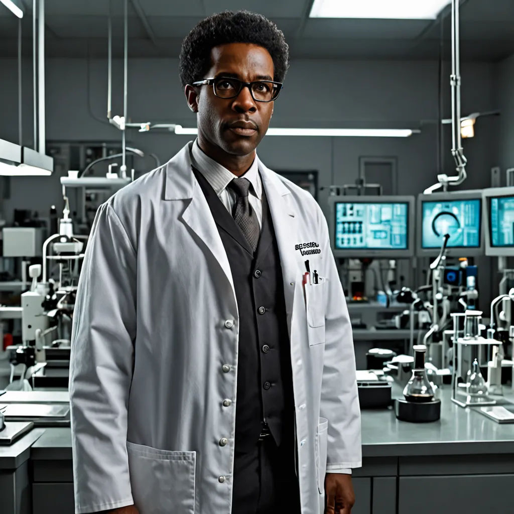 a man in a lab coat standing in front of a lab counter with a lot of equipment on it, Derold Page, afrofuturism, a character portrait, promotional image