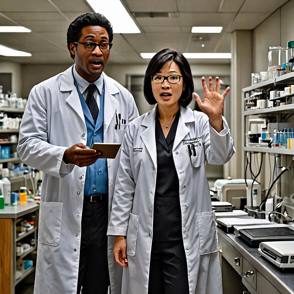 a man and woman in lab coats standing in a laboratory with a tablet in front of them and a microscope in the background, Derold Page, institutional critique, a stock photo, promotional image
