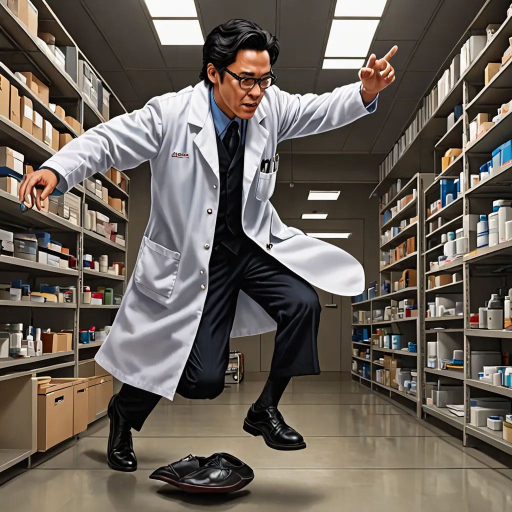 a man in a lab coat is in a pharmacy room with a shoe on the floor and shelves full of medicine, Andrew Law, futurism, a digital rendering, cybernetics