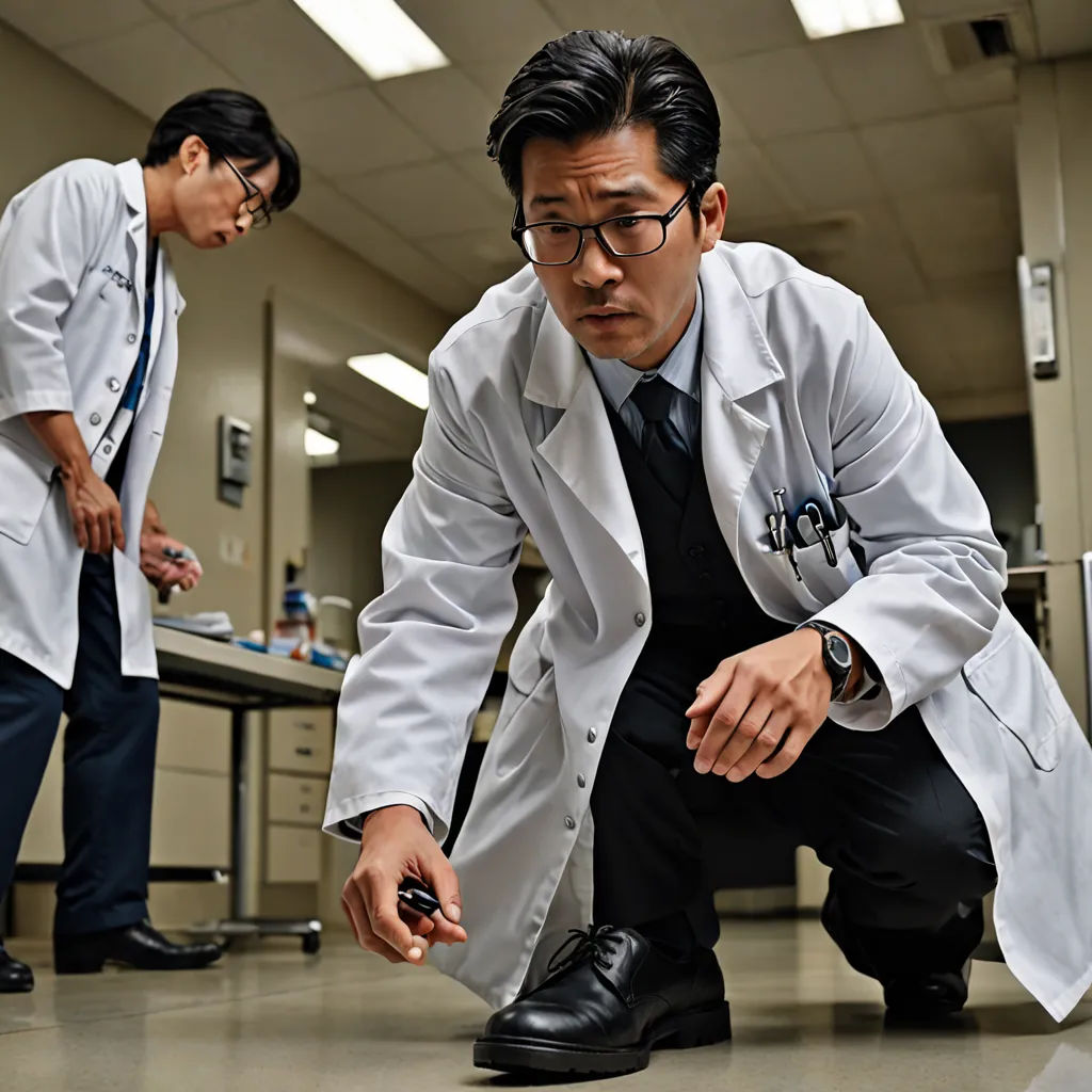 a man in a lab coat is looking at a shoe on the floor while another man in a suit stands behind him, Choi Buk, shock art, a microscopic photo, promotional image