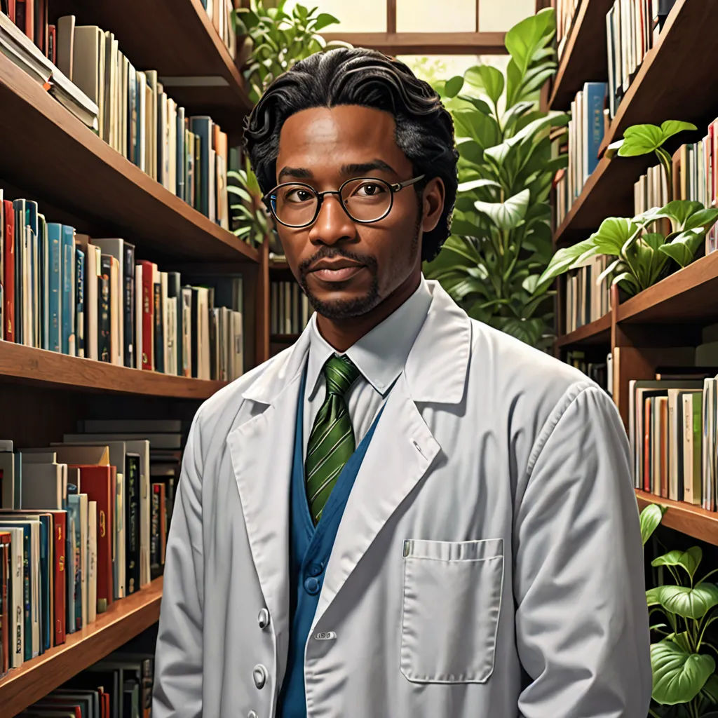 a man in a lab coat standing in front of a book shelf filled with books and plants in a library, Barkley Hendricks, american realism, a hyperrealistic painting, hyper real