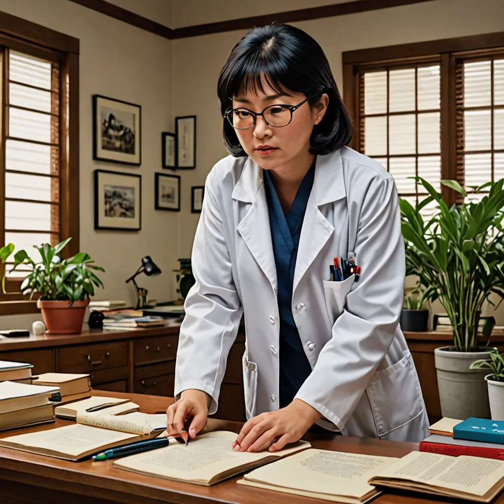 a woman in a white lab coat is looking at a book on a desk with a pen and a pen, Byeon Sang-byeok, academic art, a character portrait, promotional image