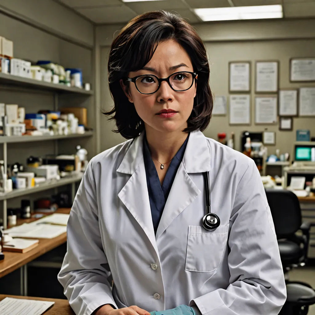 a woman in a lab coat and glasses standing in front of a desk with a microscope and a monitor, Chen Lu, cloisonnism, a character portrait, promotional image
