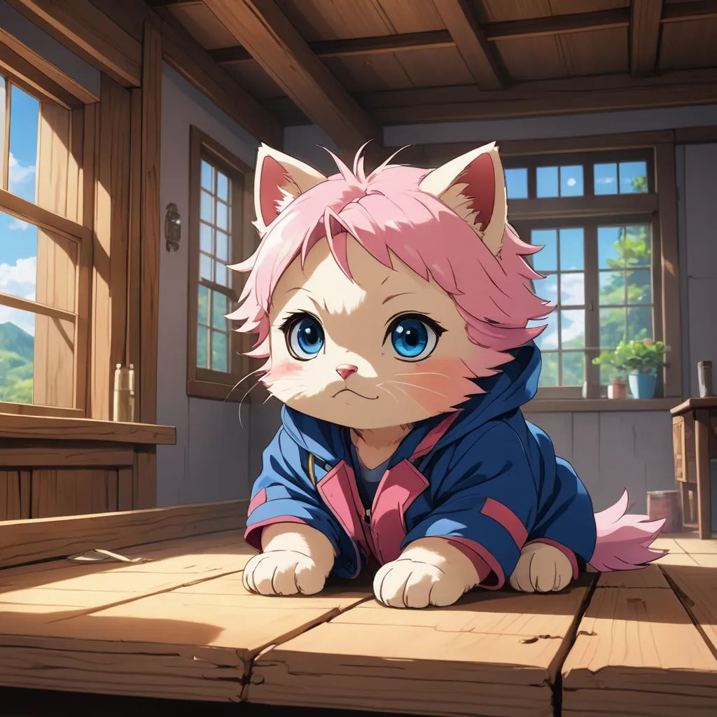 a cat with pink hair sitting on a wooden floor in a room with windows and a table with a laptop, sots art, a detailed painting, Cedric Seaut (Keos Masons), official art