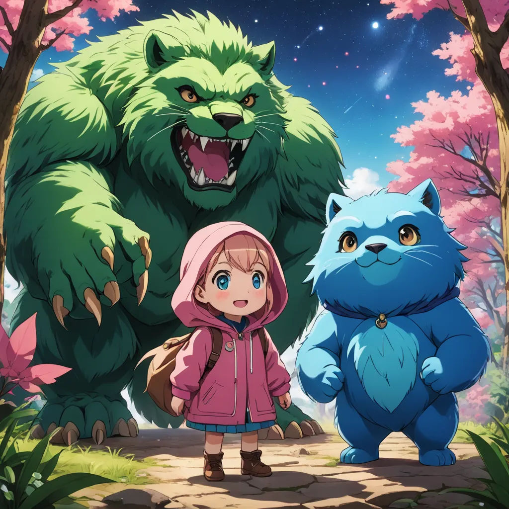 a girl and a cat standing in front of a giant monster and a girl in a pink coat and a pink hoodie, furry art, a painting, Bob Ross, official art