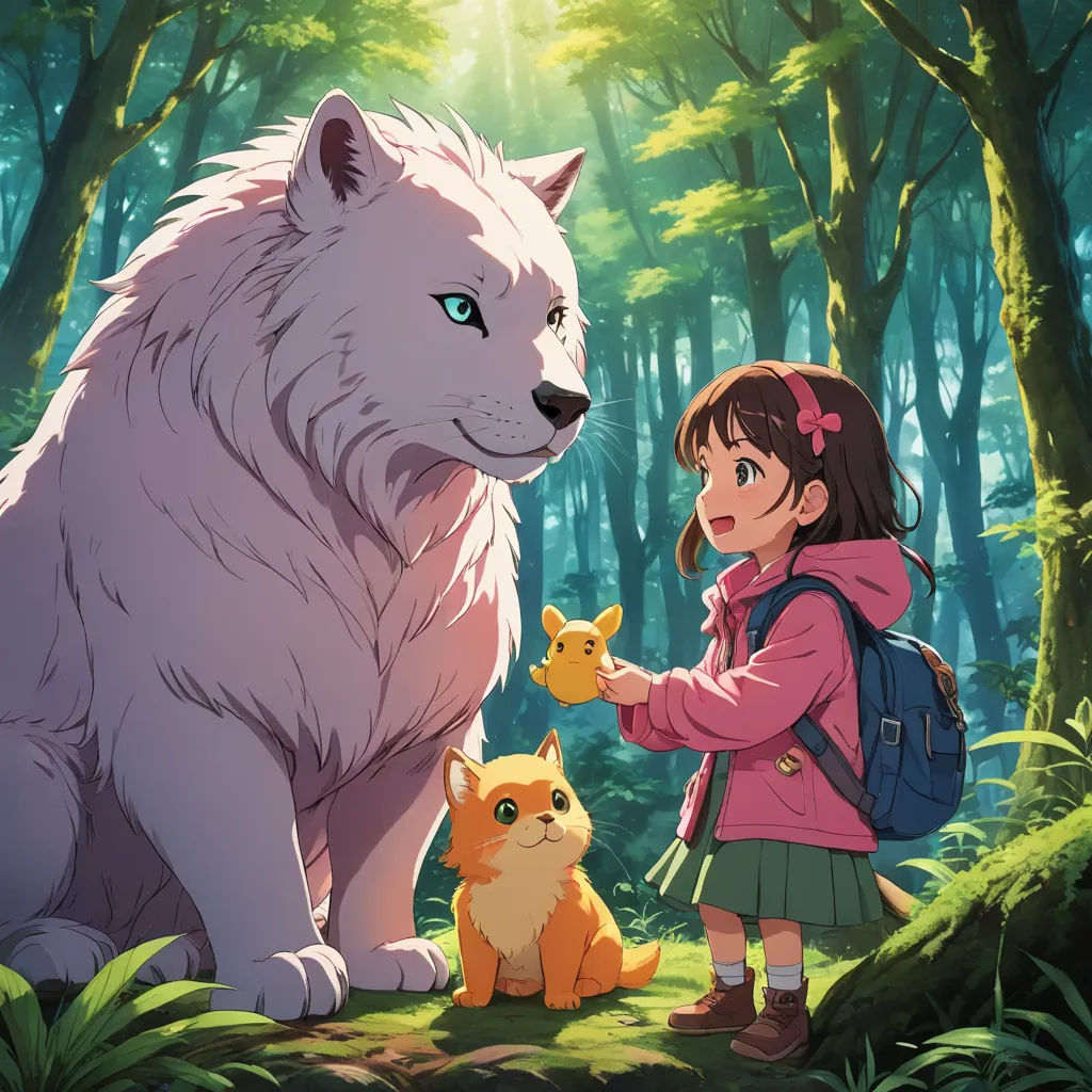 a girl is petting a white wolf in the woods with a friend in front of her and a friend in the background, furry art, a storybook illustration, Chizuko Yoshida, official art