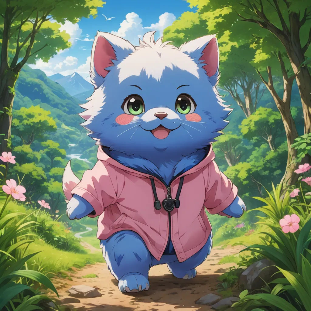 a cartoon cat walking down a dirt road in a forest with flowers and trees around it, with a sky background, furry art, concept art, Anne Said, official art