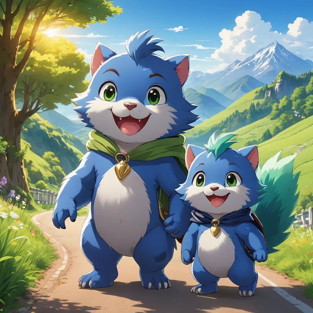 a couple of cats standing on top of a road next to a forest and a mountain range in the background, furry art, concept art, Cedric Seaut (Keos Masons), official art
