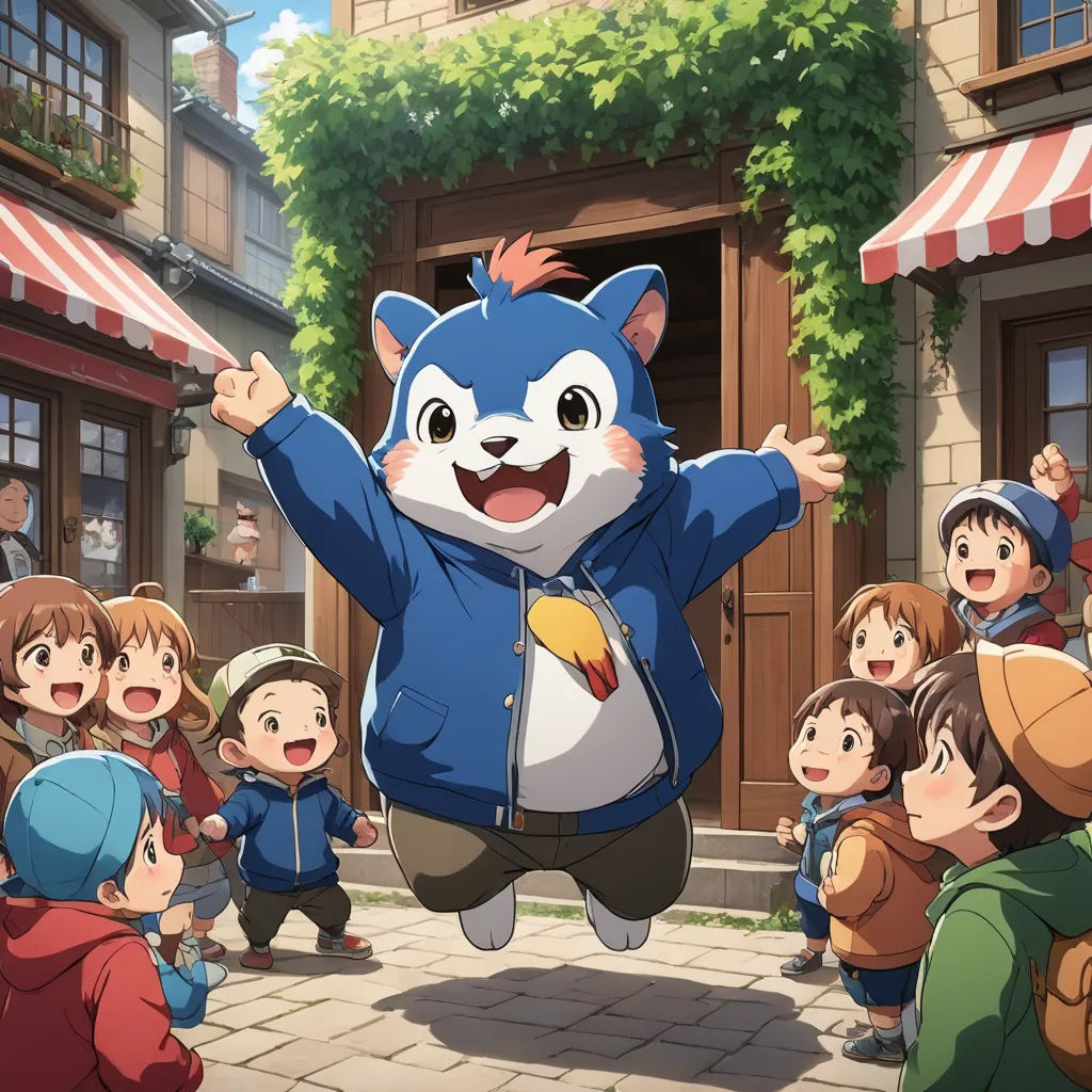 a cartoon character is dancing in front of a crowd of people in a town square with a cat on his chest, rayonism, a poster, Clovis Trouille, official art