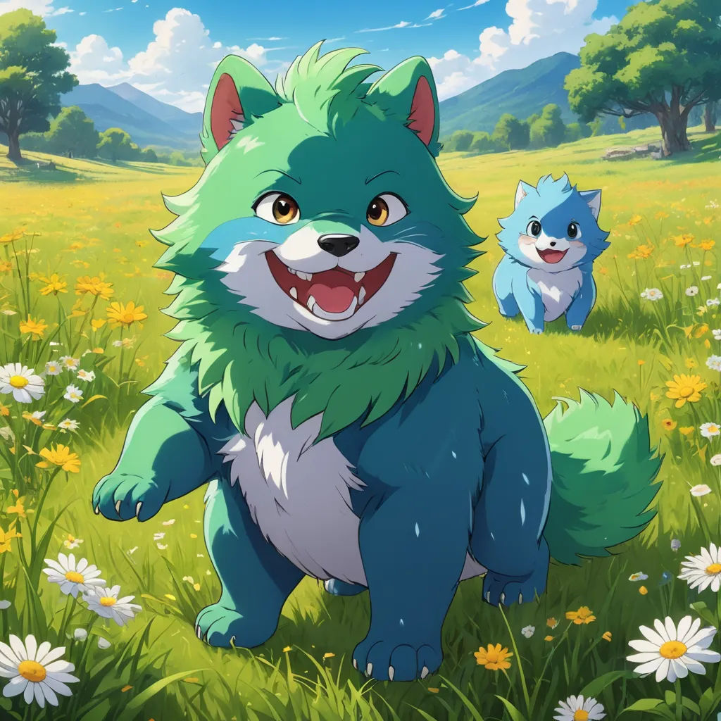 a cartoon character is standing in a field of daisies and daisies with another character in the background, furry art, concept art, Du Jin, official art