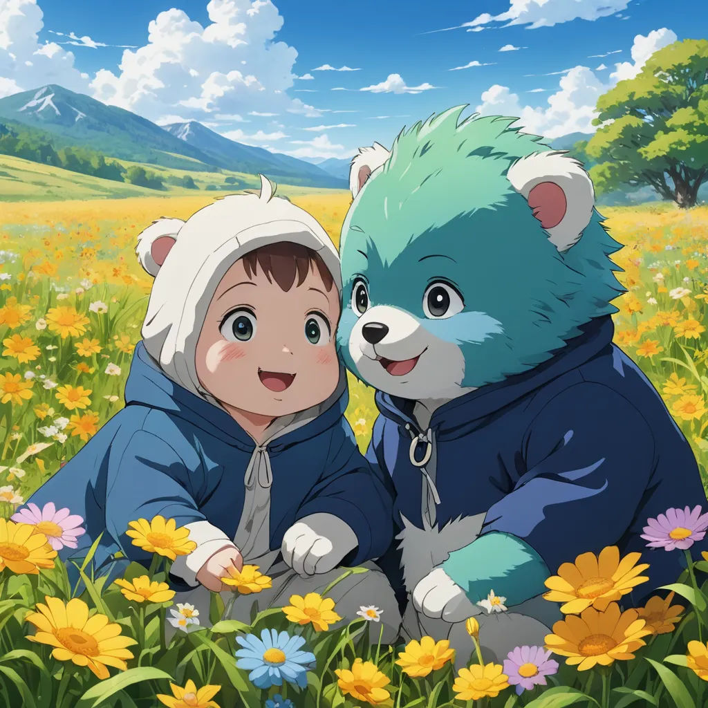 a couple of animals that are in the grass together with flowers in front of them and a mountain in the background, furry art, an album cover, Anne Said, official art
