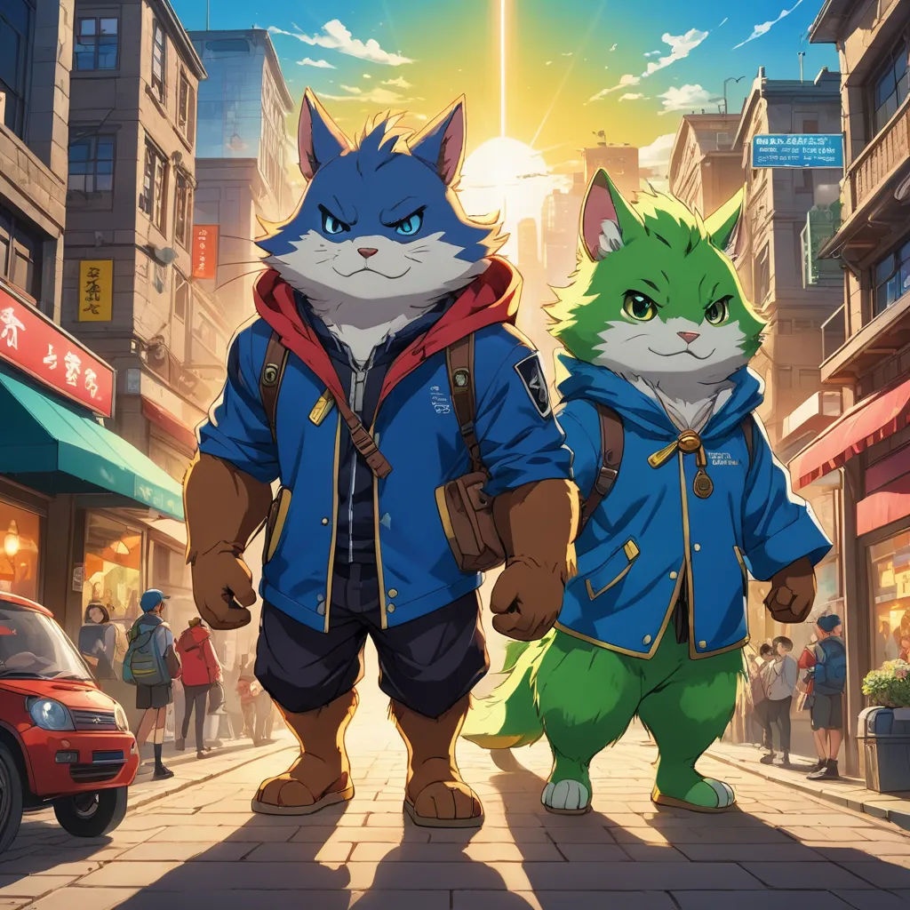 two cats walking down a street next to each other in front of a building with a sky background and a car, furry art, concept art, Cao Buxing, official art