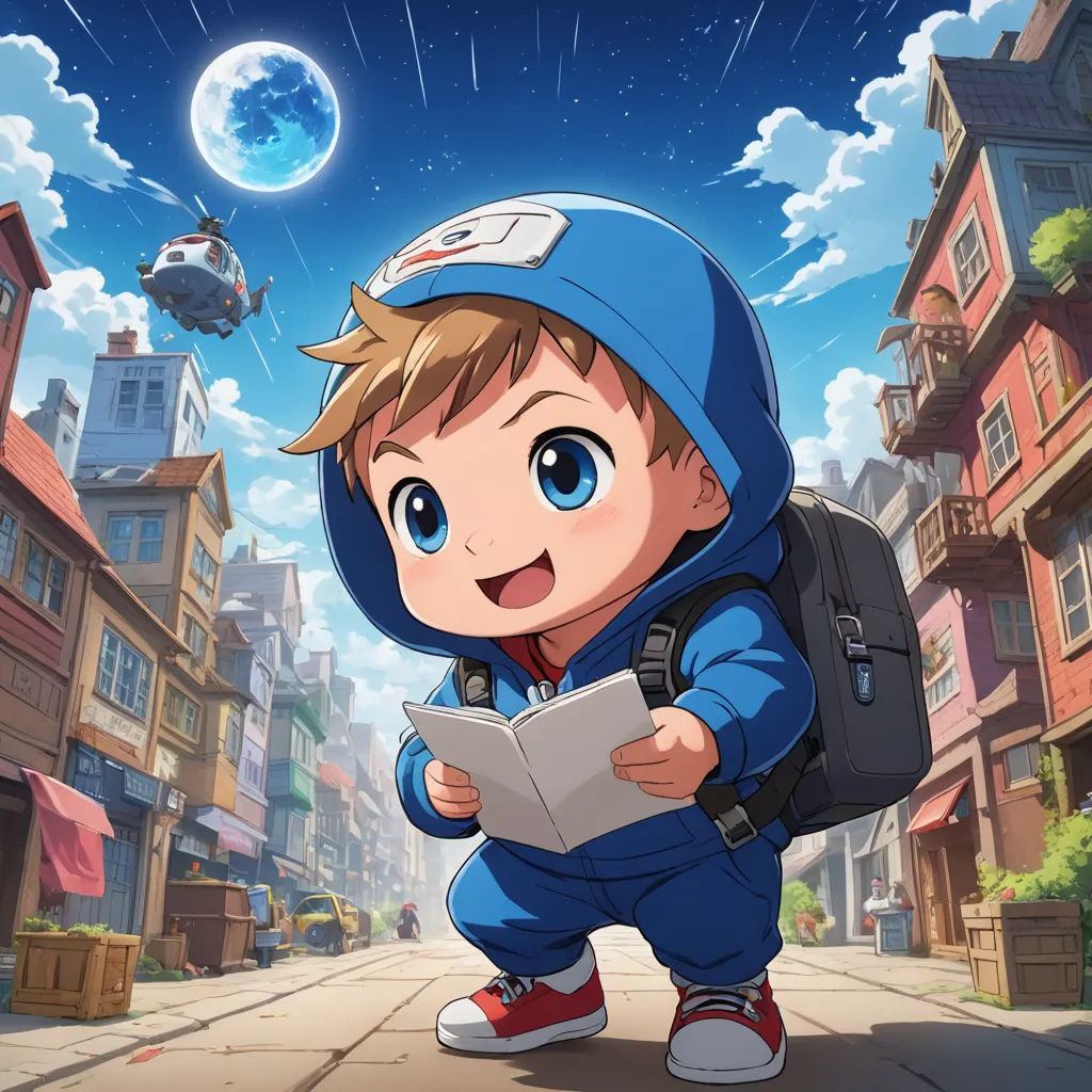 a boy in a blue hoodie is looking at a map in a cartoon city street with a flying object in the sky, sots art, concept art, Adam Manyoki, splash art