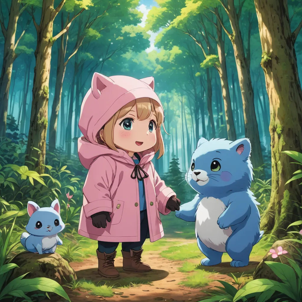 a little girl in a pink coat and a blue cat in a forest with trees and bushes, holding hands, sots art, a storybook illustration, Anne Said, official art