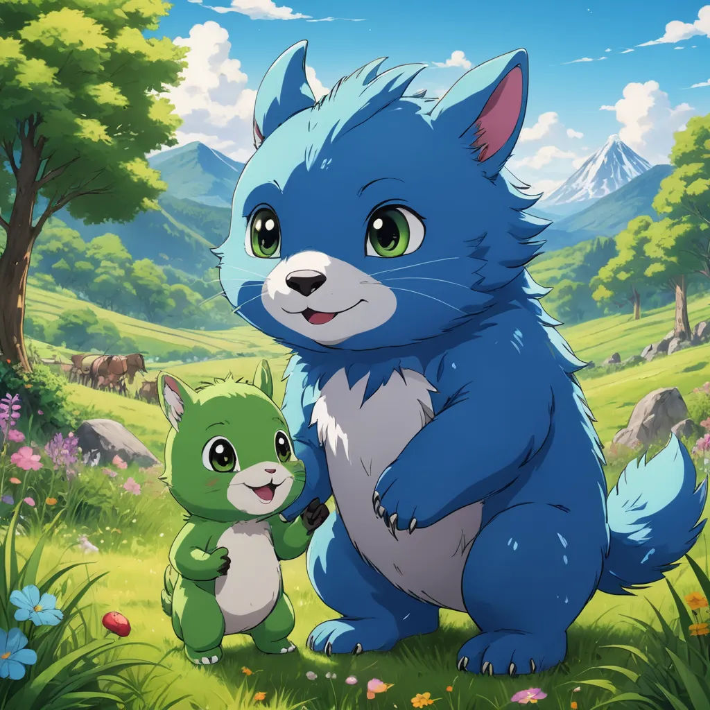 a blue cat and a green cat standing in a field with a mountain in the background and a sky with clouds, sots art, concept art, Cedric Seaut (Keos Masons), official art