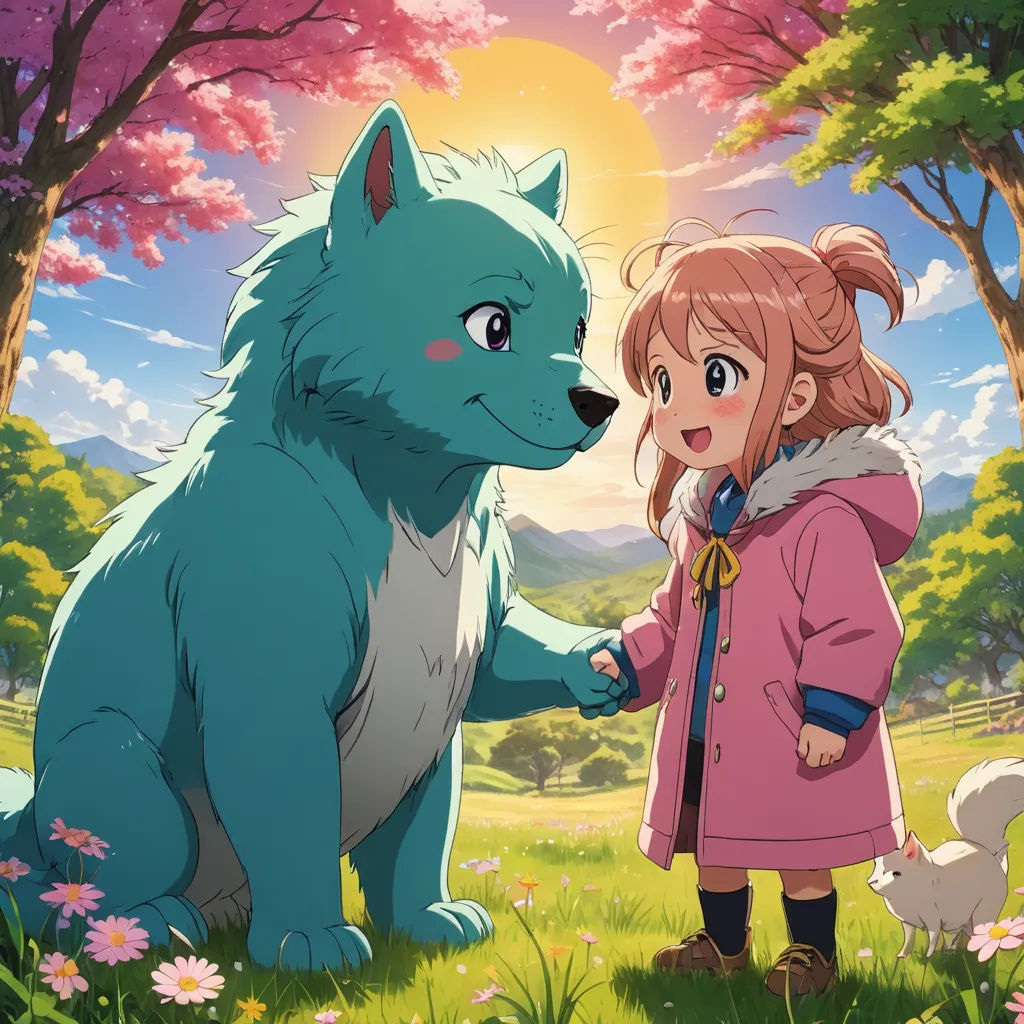a girl and a dog in a field with trees and flowers in the background, with the sun shining, furry art, concept art, Bob Ross, official art