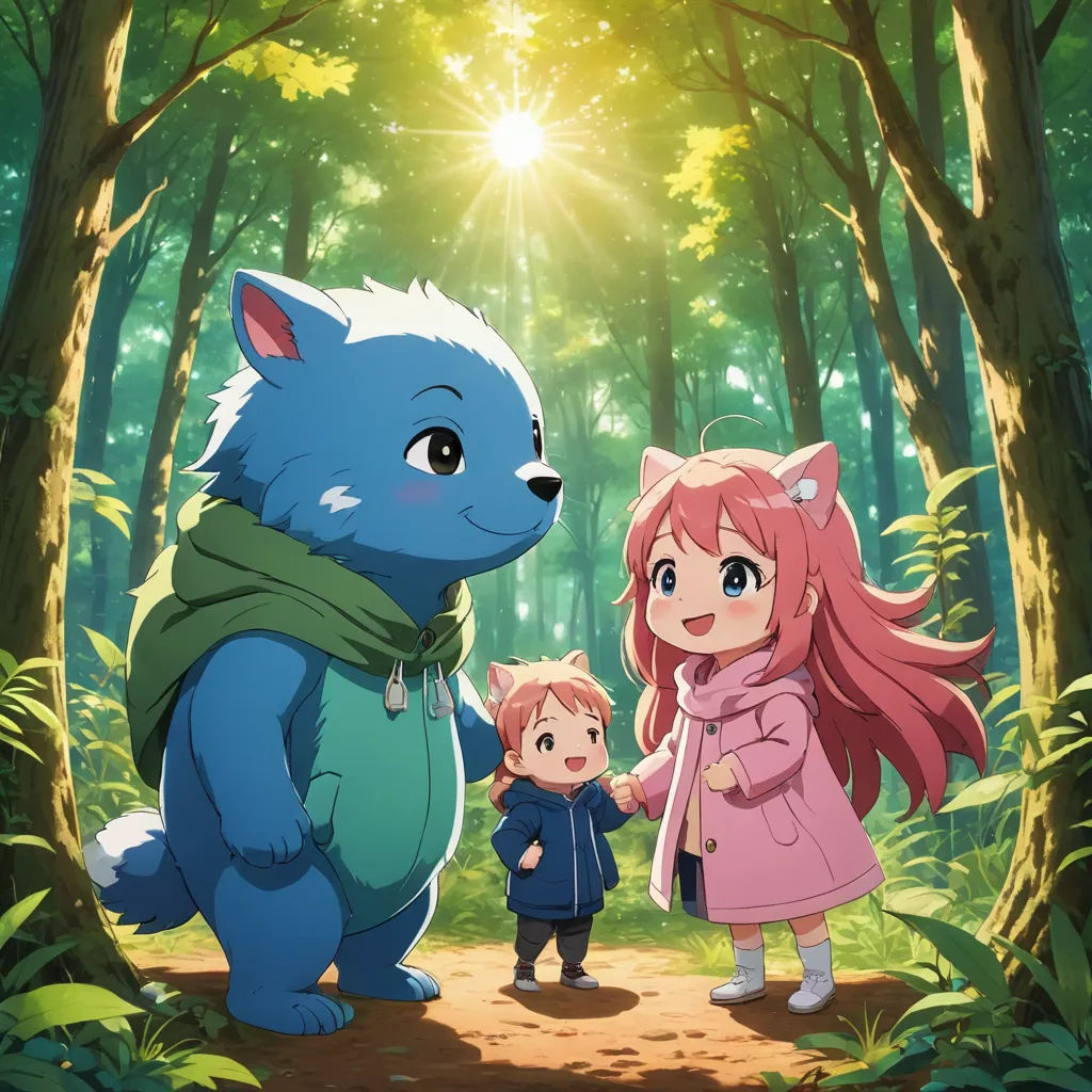 a little girl and a little boy standing in the woods with a blue cat and a little girl in front of them, sots art, a poster, ESAO, official art