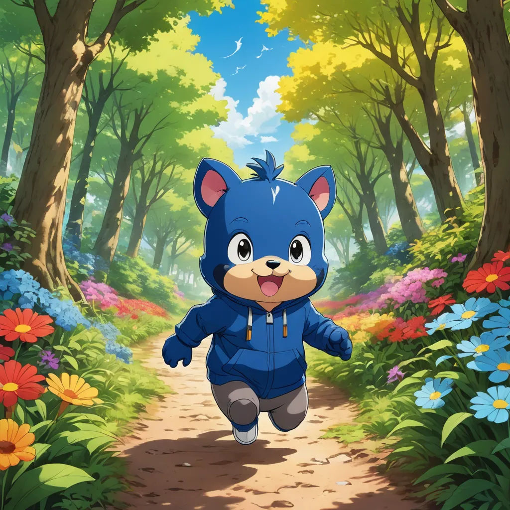 a cartoon character running down a path in a forest with flowers and trees on either side of him and a forest with flowers and trees on either side, furry art, concept art, Chippy, official art