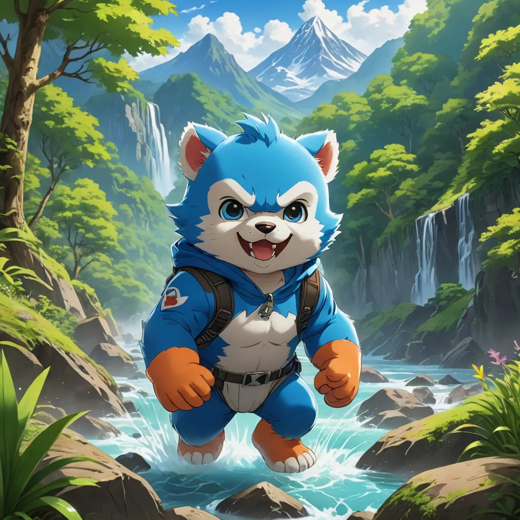 a cartoon character is standing in a river with a mountain background and a waterfall in the background, with a bear in the foreground, sots art, concept art, An Gyeon, official art