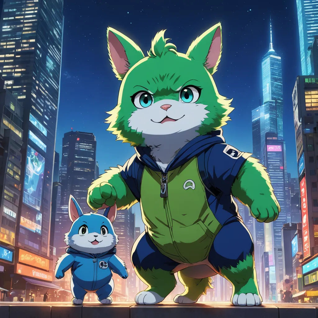 a cat and a cat in a city at night with a sky background and a cat in a green jacket, furry art, poster art, Chris LaBrooy, official art